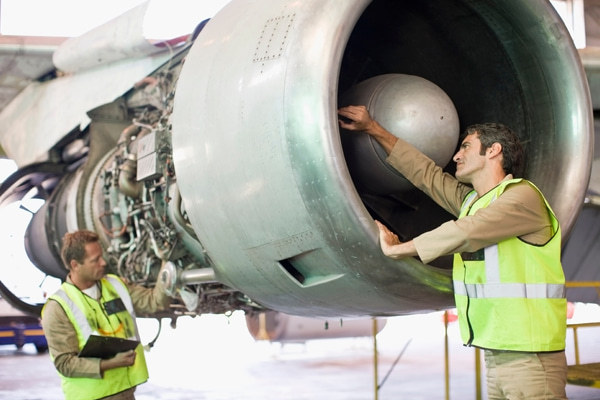 Aviation technicians inspecting a turbine