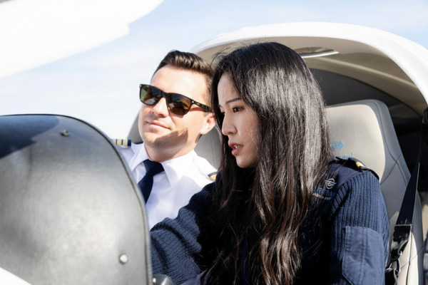 Two people sitting inside the cockpit and prepare for training