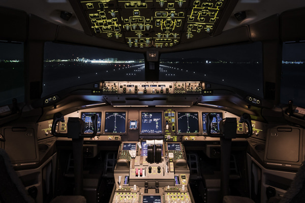 Aircraft cockpit illuminated for nighttime flight