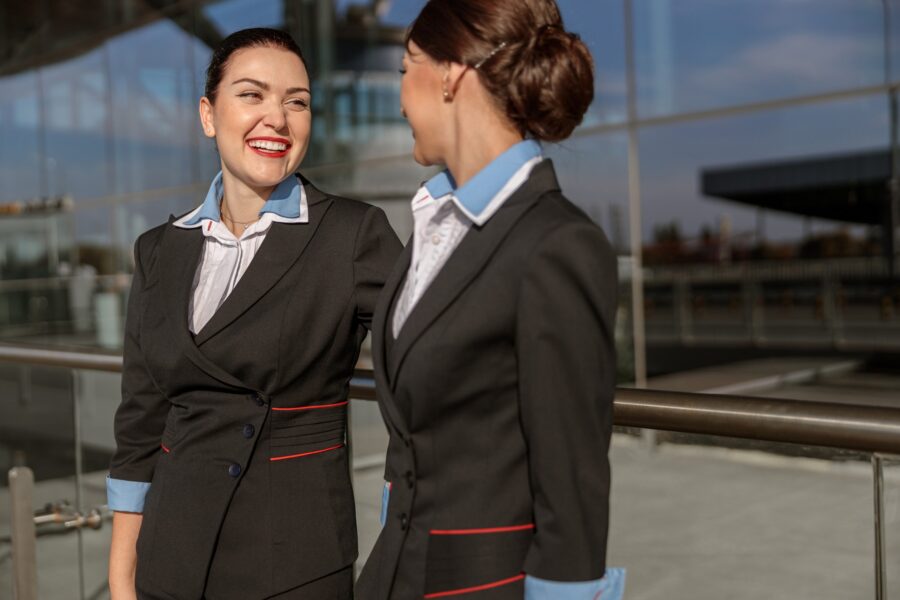 Flight attendants talking outside airport terminal