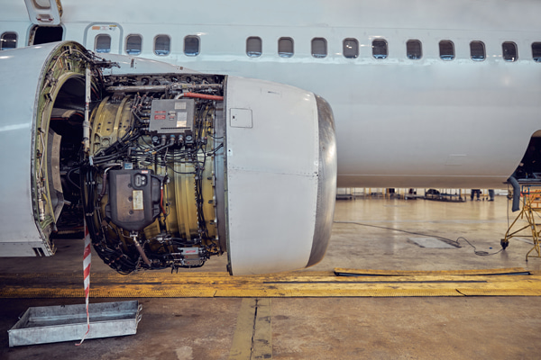 turbofan aircraft engine with its cowling open